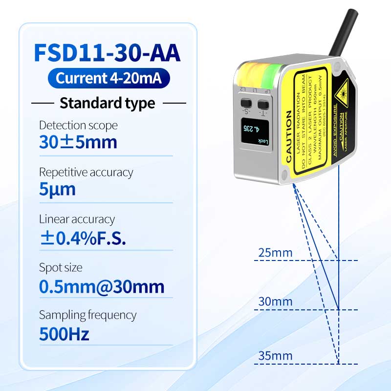เลเซอร์ดิสเพลสเมนต์เซนเซอร์ FSD11-30-AA ความแม่นยำสูง 0.01 มม